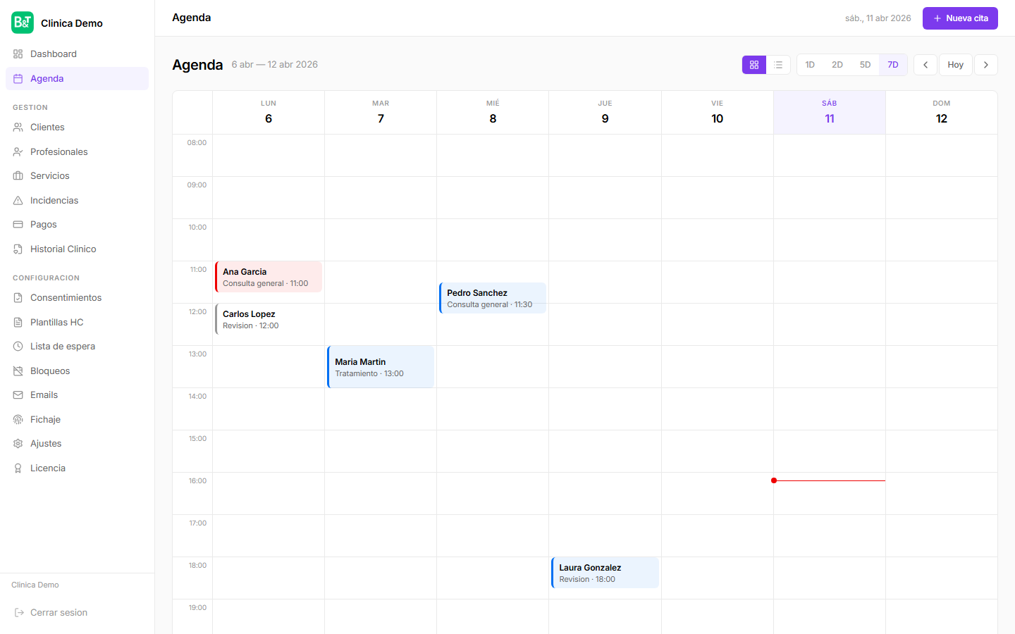 Agenda en vista semanal con citas de varios clientes