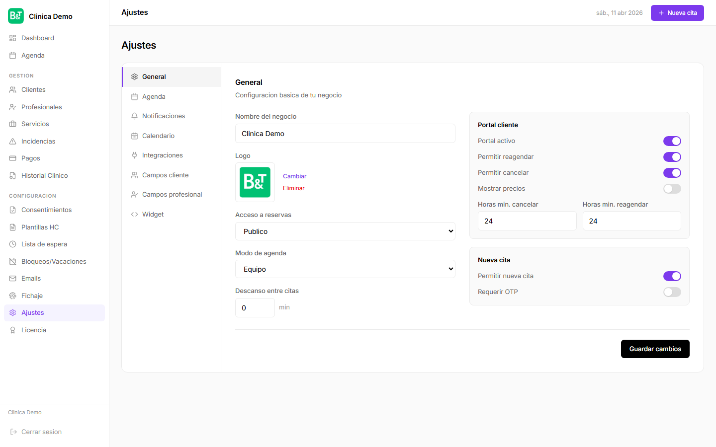 Ajustes General amb la targeta Portal cliente i la targeta Nueva cita