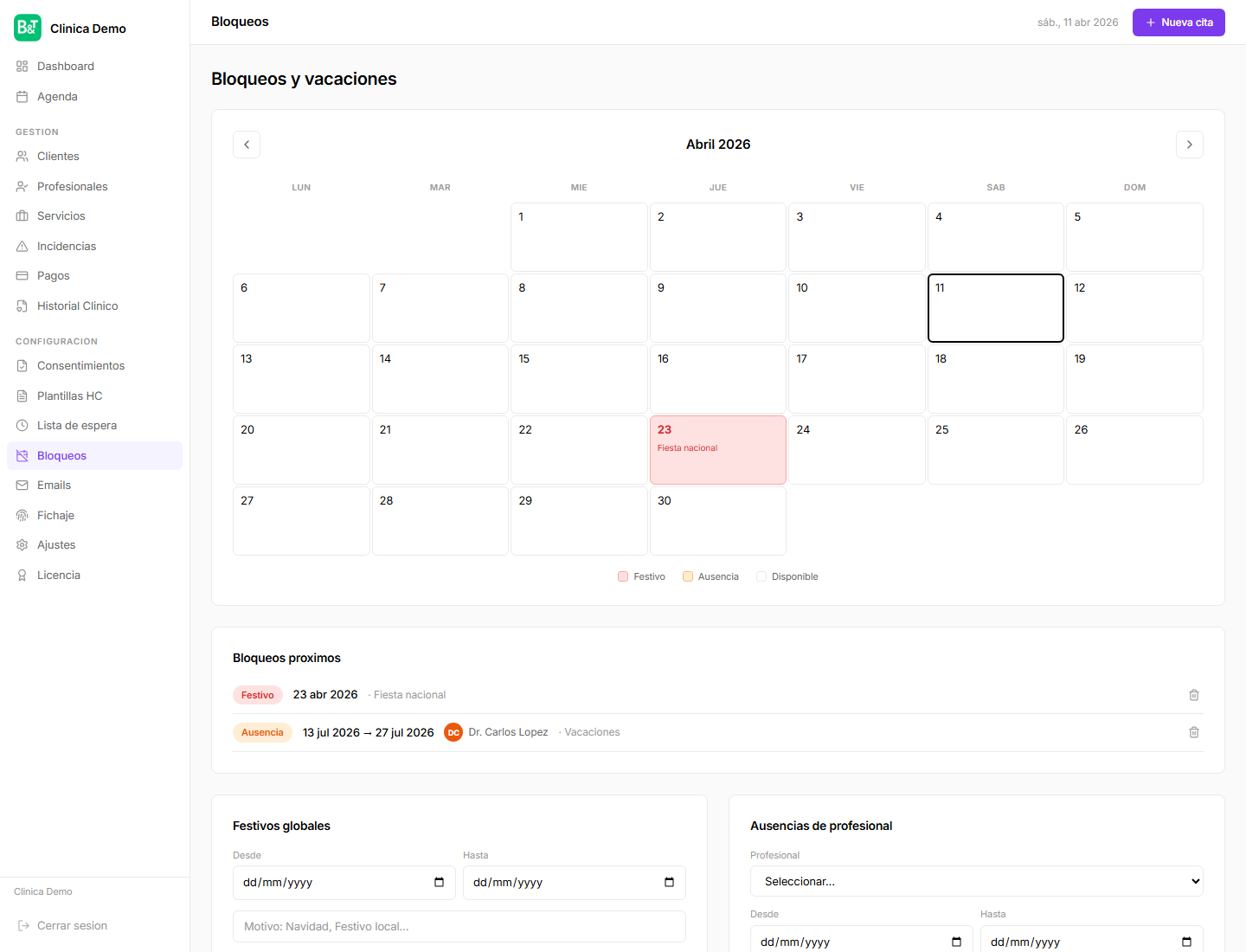 Calendario de bloqueos con un festivo marcado y la lista de próximos bloqueos